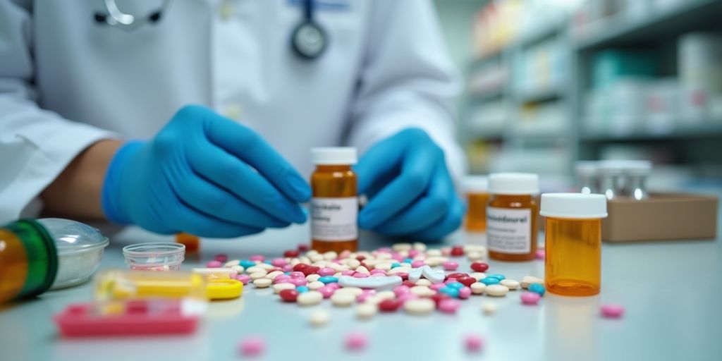 Nahaufnahme von Medikamenten und Apothekern bei der Arbeit.