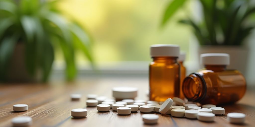 Nahaufnahme von Pharmafläschchen und Pillen auf einem Tisch.