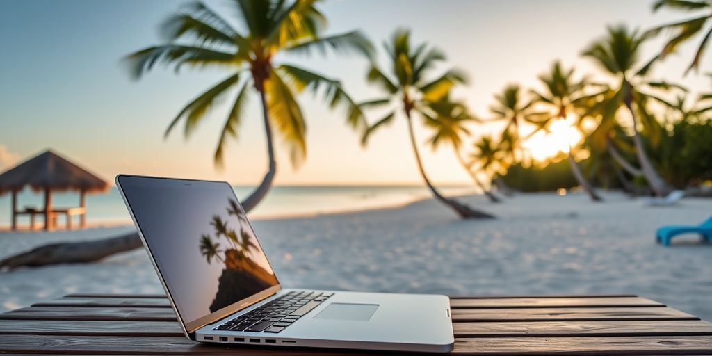 Laptop am Strand mit Palmen im Hintergrund.