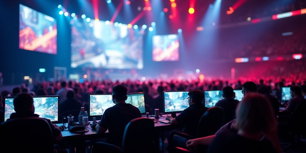 Ein lebendiger E-Sport-Wettkampf mit Spielern und Fans.