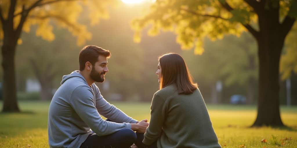 Nachdenkliches Paar im Park, reflektiert über Lebensentscheidungen.