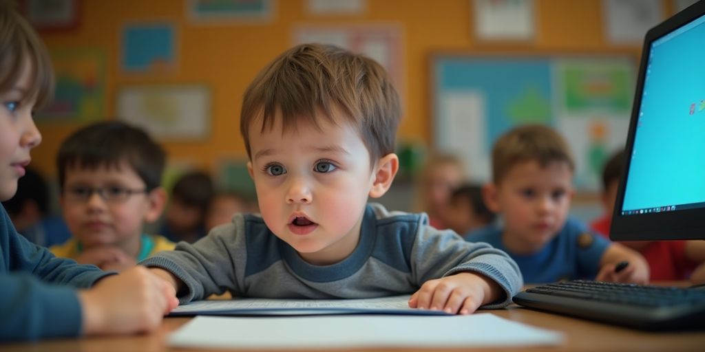 Kind mit Technologie in einem überfordernden Klassenzimmer.