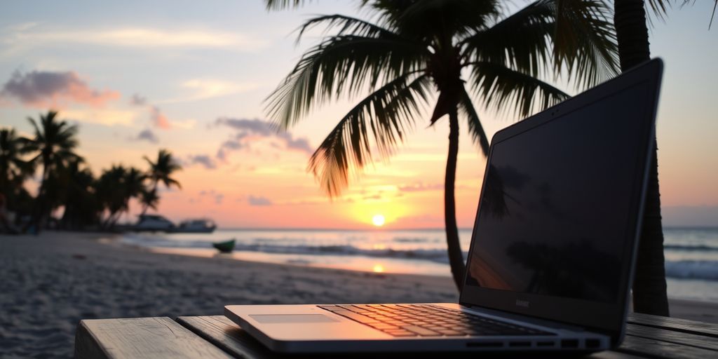 Laptop am Strand mit Palmen und Sonnenuntergang.