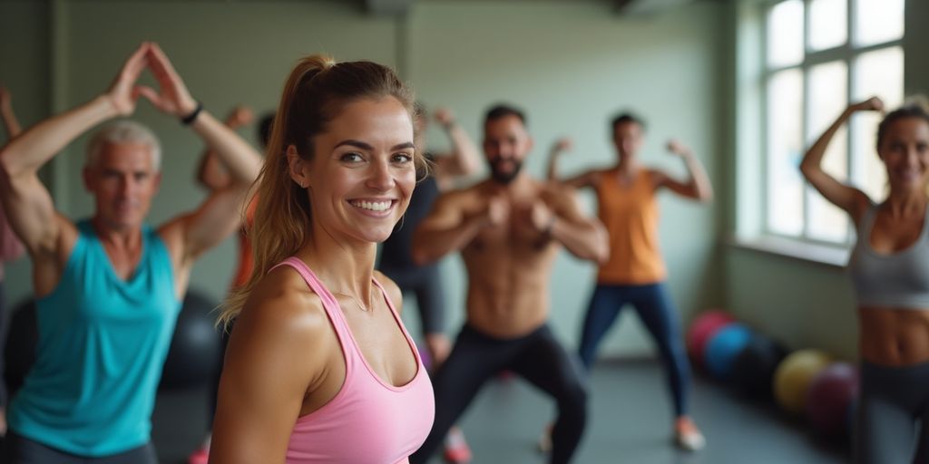 Aktive Menschen im Fitnessstudio bei Übungen.