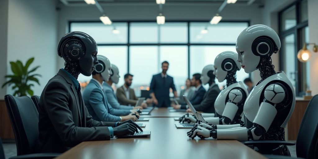 Büro mit Robotern und Menschen bei der Arbeit.
