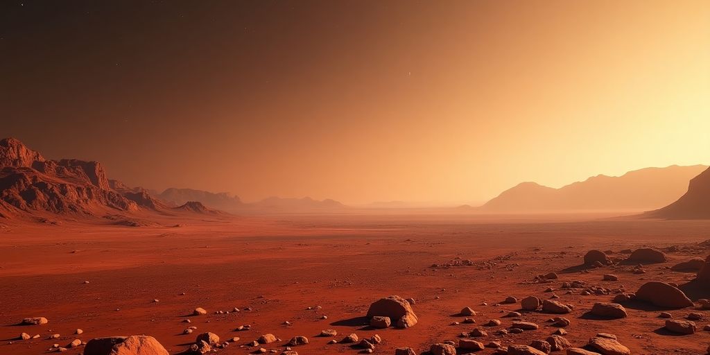 Martian Landschaft mit rotem Terrain und weitem Himmel.