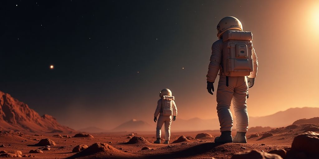 Astronauten im Weltraum mit Mars im Hintergrund.