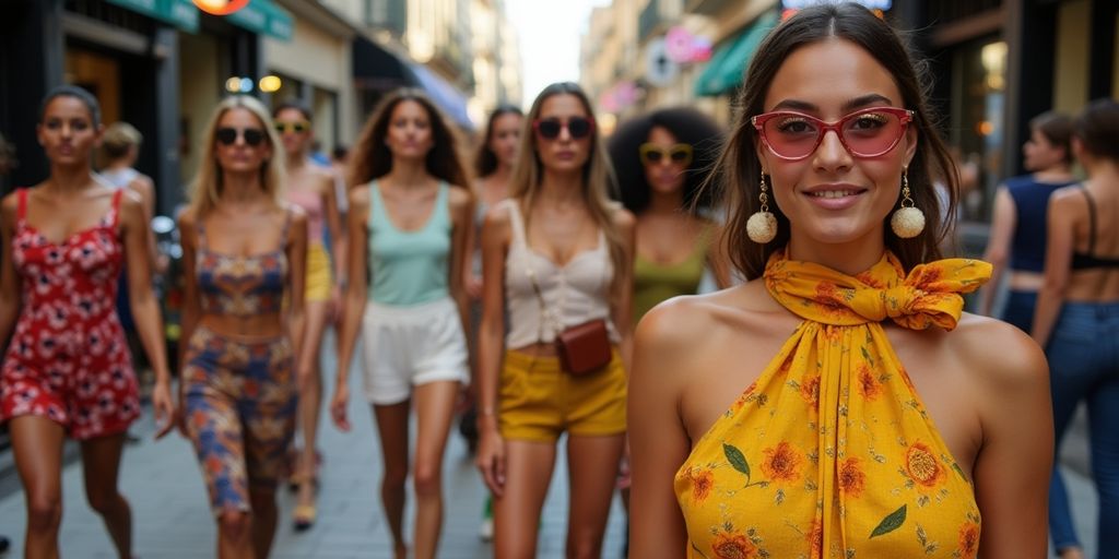 Belebte Mode-Straße mit vielfältigen Modellen und Stilen.