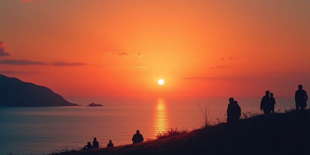 Schöne Landschaft mit Sonnenuntergang über ruhigem Meer.