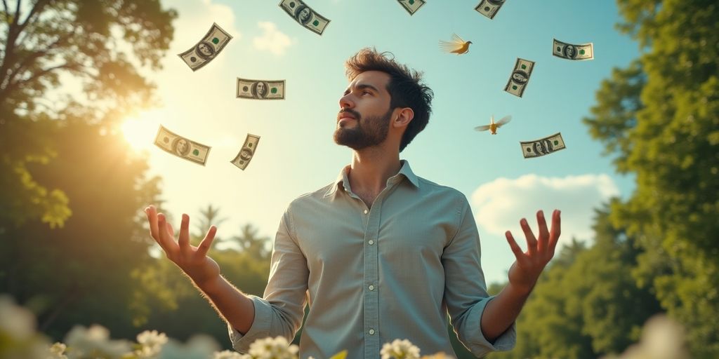 Eine Person denkt über Geld und Glück nach.