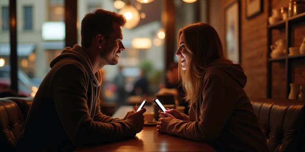 Paar nutzt Dating-App in einem gemütlichen Café.