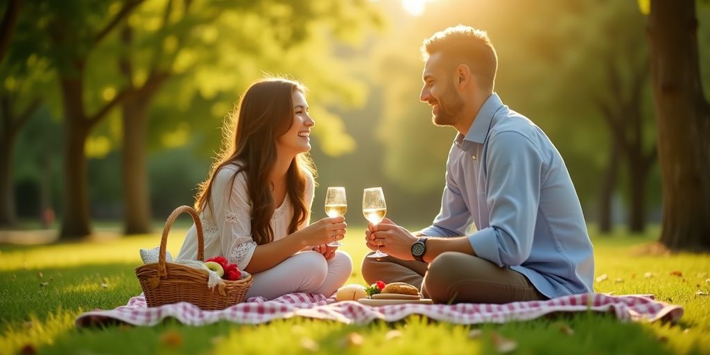 Romantisches Picknick im Grünen mit zwei Personen.