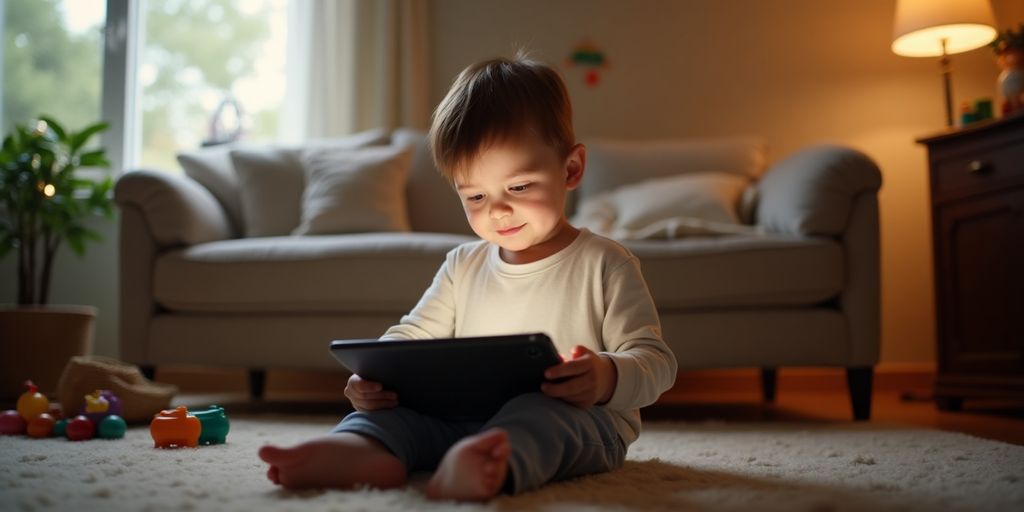 Ein Kind sitzt mit einem Tablet in der Hand.