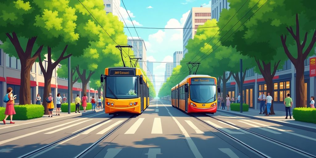 Vibrante Stadtansicht mit öffentlichem Nahverkehr und grüner Umgebung.