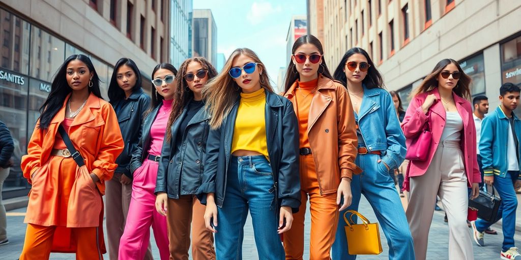 Vibrante Mode mit Models in urbaner Umgebung, digitale Überlagerungen.
