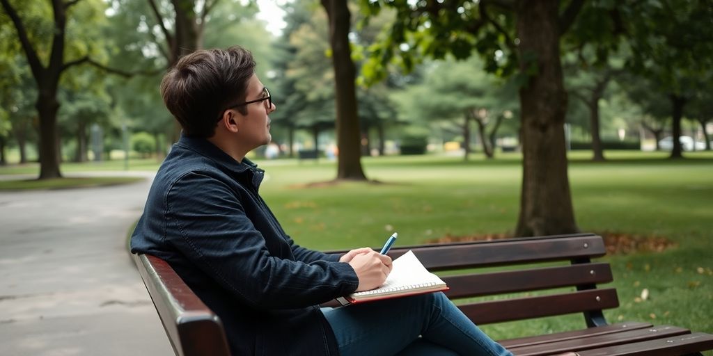 Person auf einer Bank mit Notizbuch im Park.