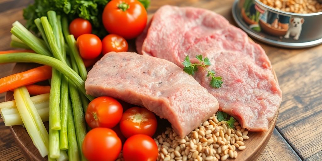 Gesunde Haustierernährung mit frischem Gemüse und Fleisch.