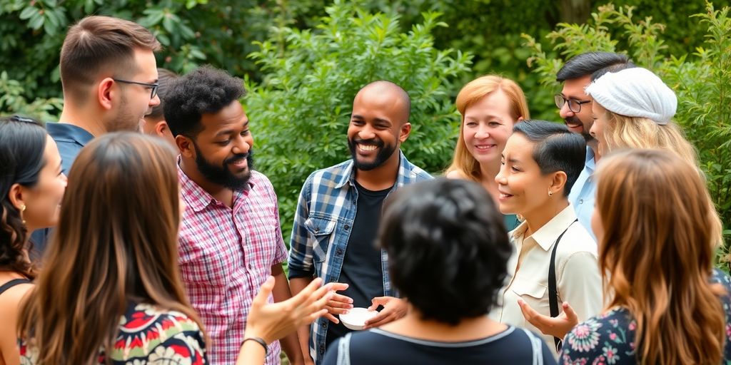 Vielfältige Gruppe von Menschen im Gespräch im Freien.
