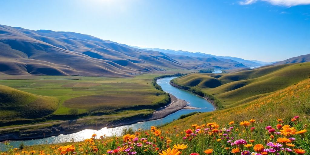 Vibrante Landschaft mit Hügeln und bunten Wildblumen.
