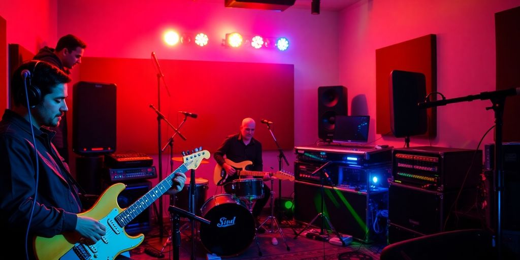 Musiker in einem Studio mit Instrumenten und bunten Lichtern.