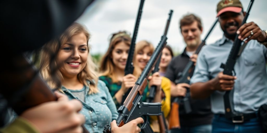 Gruppe von Menschen mit verschiedenen Waffen im Freien.