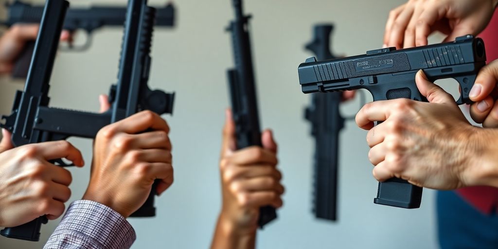 Hände halten verschiedene Feuerwaffen vor unscharfem Hintergrund.