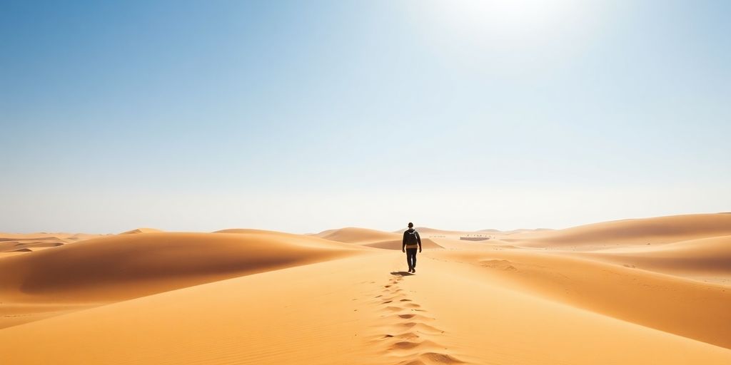 Wüstenlandschaft mit Sanddünen und einem Reisenden.