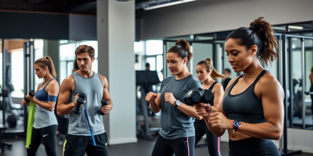 Anfänger trainieren im Fitnessstudio mit Trainer