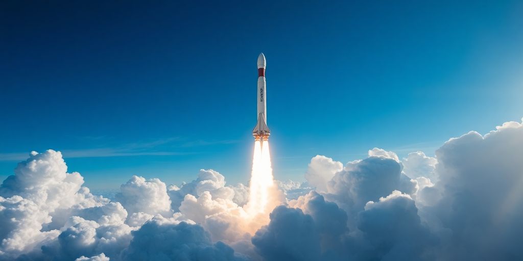 Raketenstart in den Himmel mit Wolken und blauem Himmel.