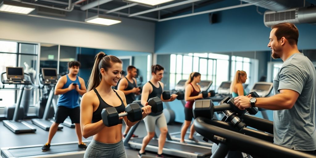 Anfänger trainieren im Fitnessstudio mit Trainer