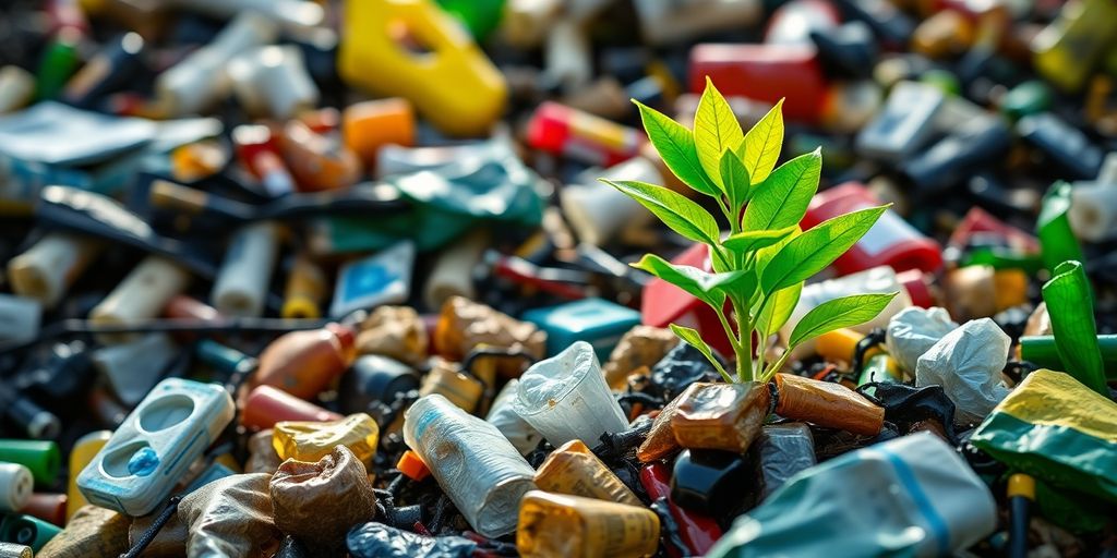 Nahaufnahme einer Pflanze aus Plastikmüll.