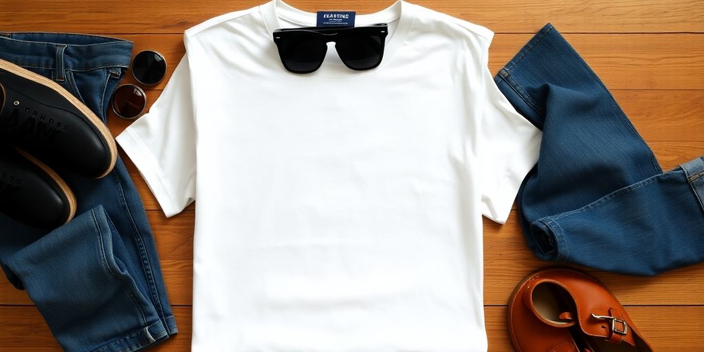 Ein gefaltetes weißes T-Shirt auf einem Holztisch.
