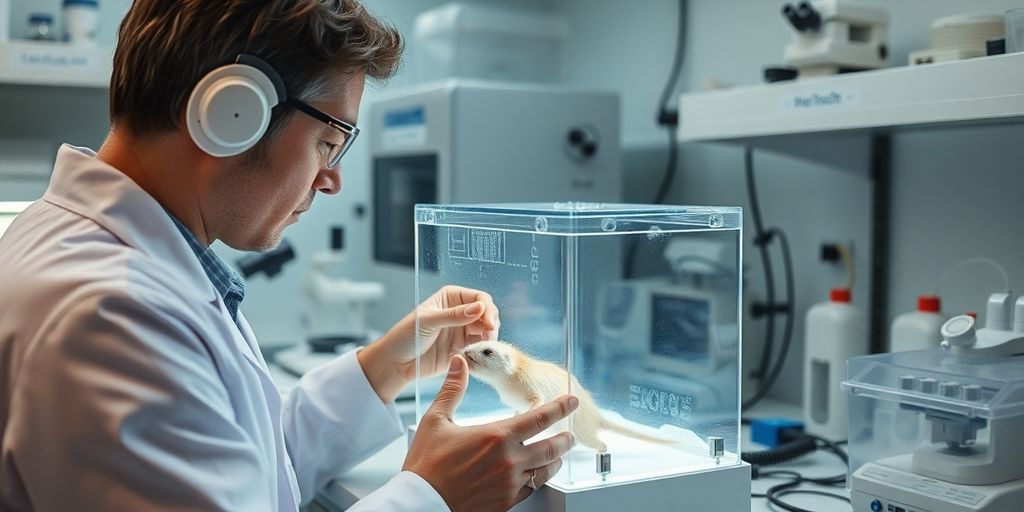 Forscher untersucht ein Tier in einem transparenten Gehege.