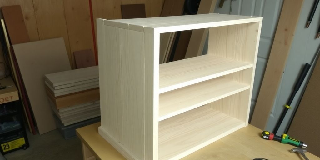 Holzregal im Bau mit Werkzeugen und Materialien.