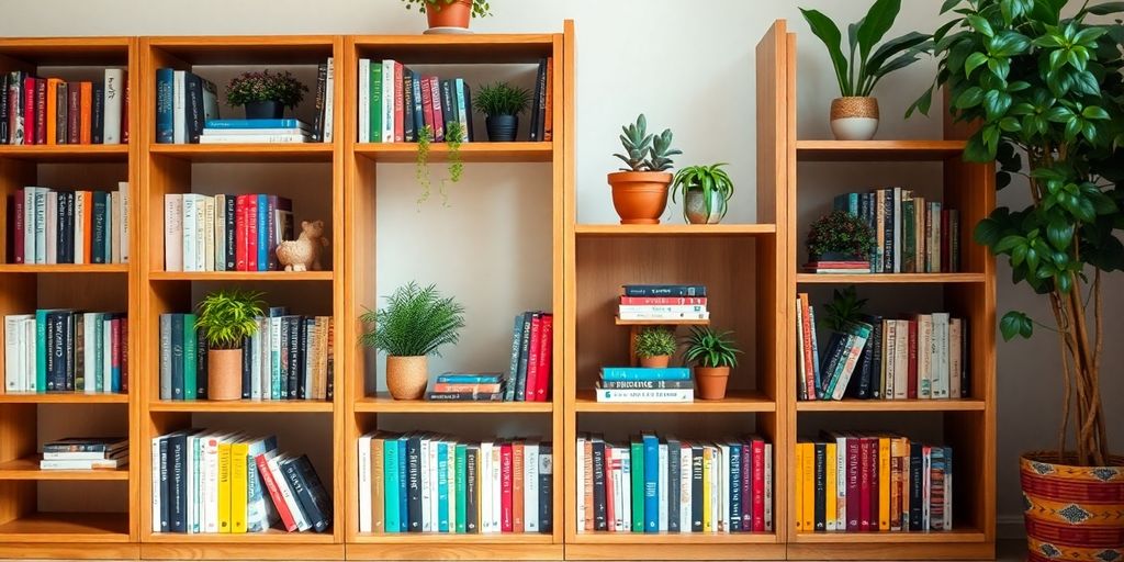 Holzregal mit bunten Büchern und Pflanzen.