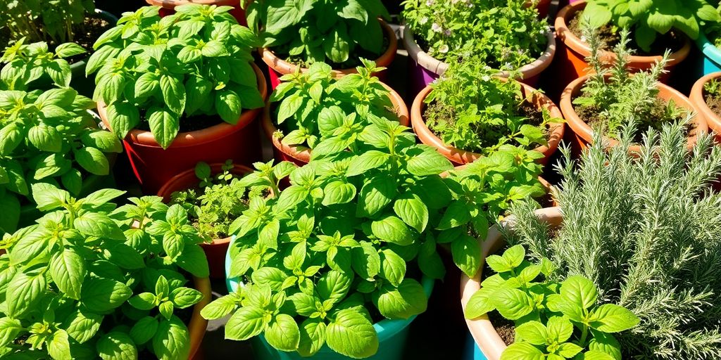 Bunte Kräuter in Töpfen im Garten.