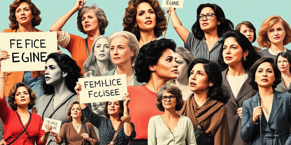 Historische Frauenfiguren des Feminismus in verschiedenen Szenen.