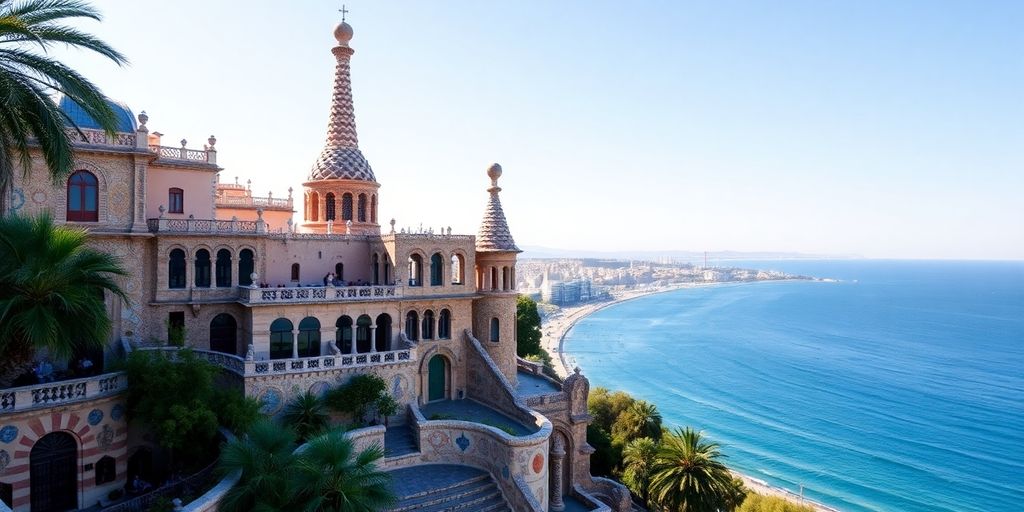 Bunte Architektur und Strand in Barcelona.