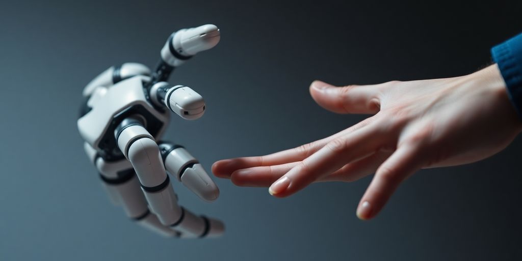 Roboterhand greift nach menschlicher Hand.