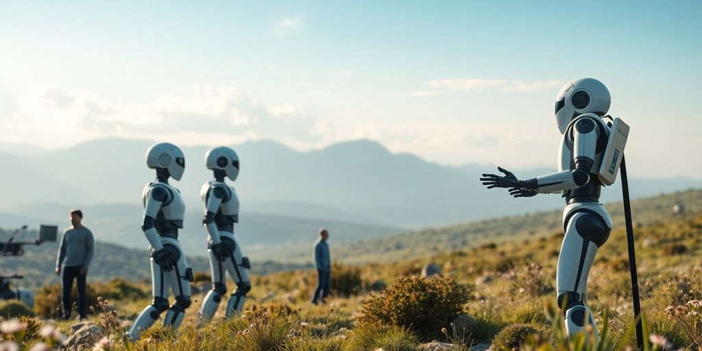 Futuristische Landschaft mit Robotern und Menschen.