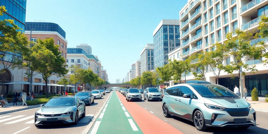 Futuristische Stadt mit autonomen und Elektrofahrzeugen.