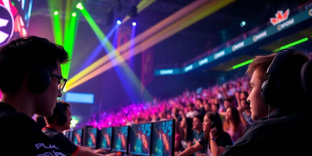 E-Sportler bei einem Turnier mit jubelndem Publikum.