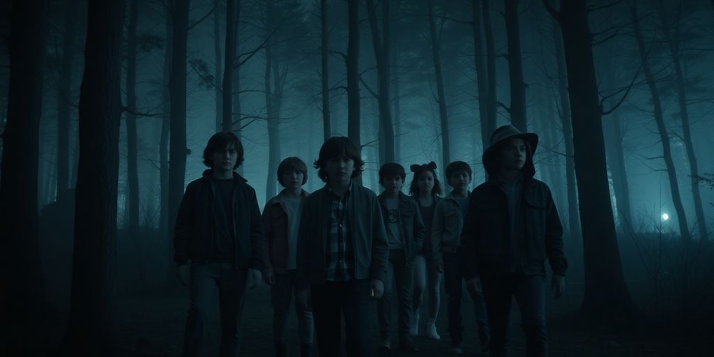 Hauptcharaktere aus Stranger Things im dunklen Wald.
