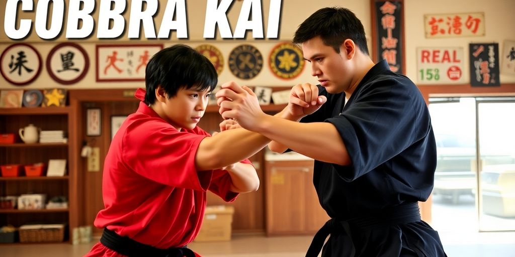 Intensive Kampfszene aus Cobra Kai im Dojo.