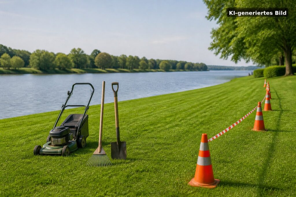 Rasenarbeiten auf der Donauwiese bringen Umwege Symbolbild: Rasenarbeiten auf der Donauwiese bringen Umwege